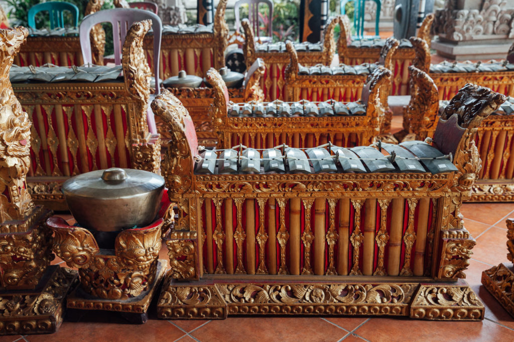 Traditional Balinese percussive music instruments decorated with carvings, Ubud, Bali